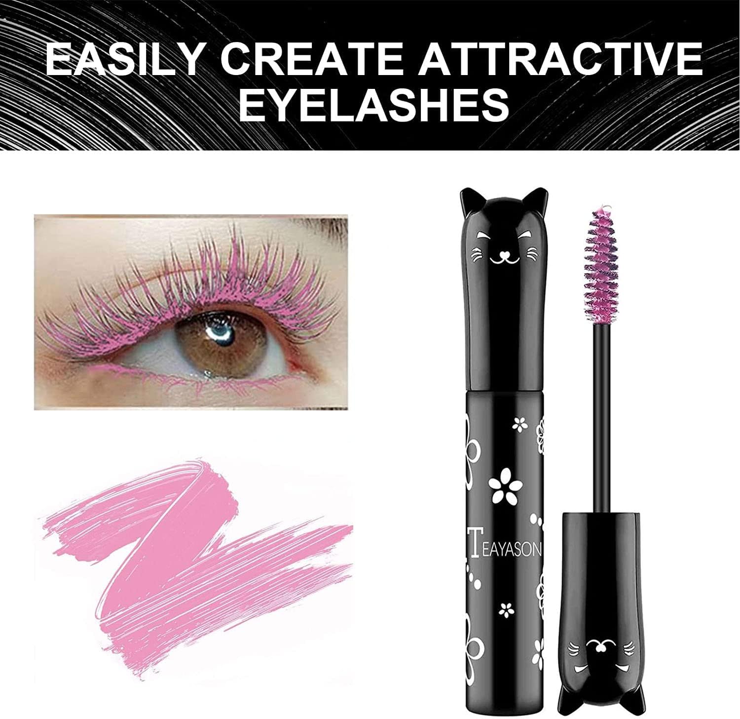 Colorful Mascara, Waterproof Long Lasting Thick Mascara/Rainbow Color 4D Silk Fiber Lash Charming Masacara (Pink)