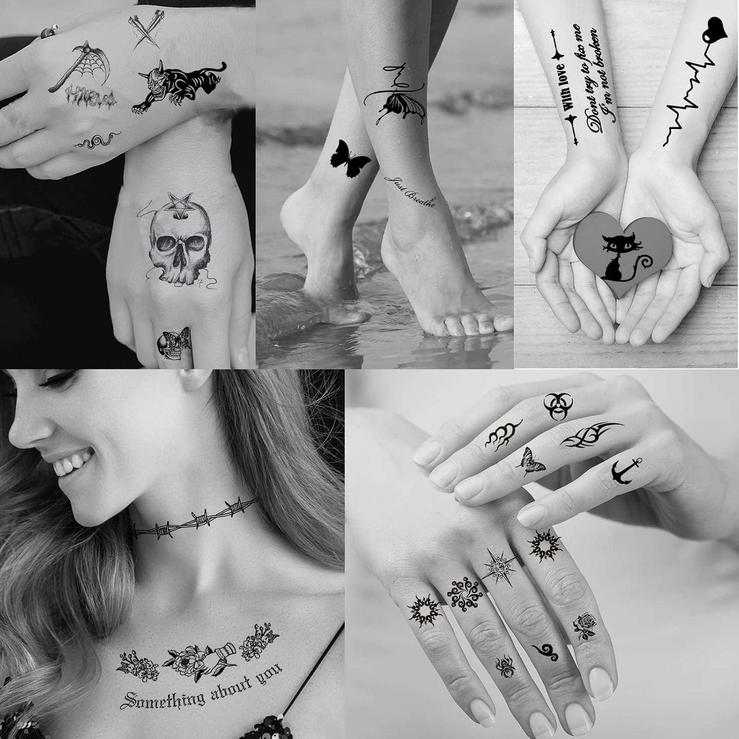 72 Sheets Tiny Temporary Tattoos Stickers, Fake Tattoos That Look Real And Last Long, Halloween Tattoos Include Black Scary Wolf Lion Tiger Skeleton Skull Tattoos Temporary Tattoo