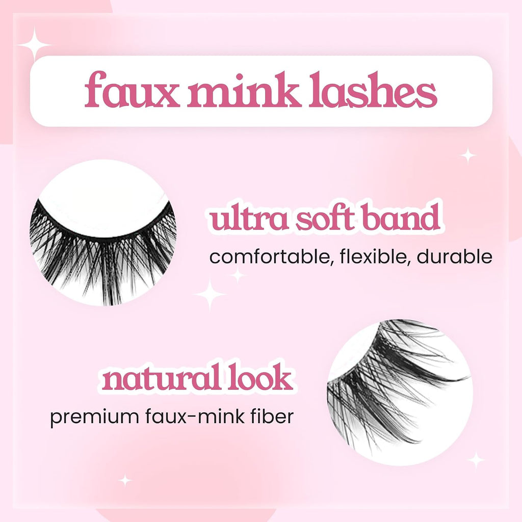 False Eyelashes, 5 Pairs, Synthetic Fibre, Individual Cluster, Strip Lashes, Natural Appearance, Manga Anime Korean Japanese Style, Pink