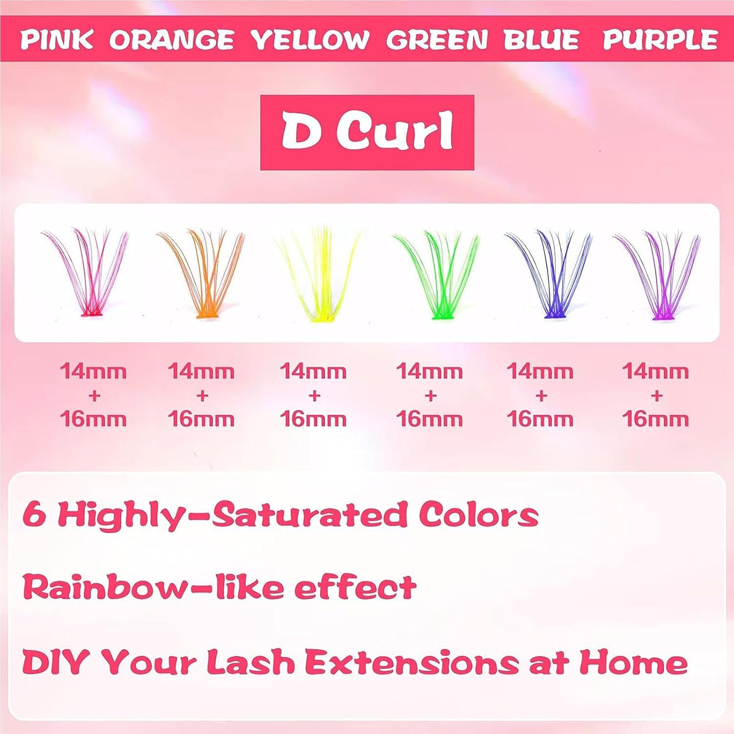 Colored Lash Clusters Individual Lashes 120Pcs D Curl 14mm 16mm Mixed 6 Colors Rainbow DIY Eyelashes for Festivals Concert Dating Full of Volume Colored Lashes Extension Set Pack