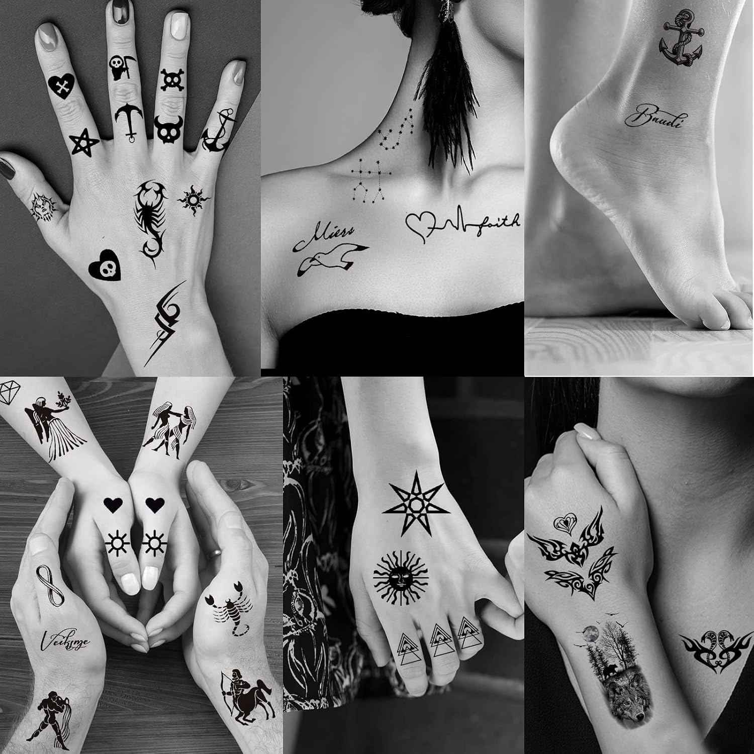 72 Sheets Tiny Temporary Tattoos Stickers, Fake Tattoos That Look Real And Last Long, Halloween Tattoos Include Black Scary Wolf Lion Tiger Skeleton Skull Tattoos Temporary Tattoo