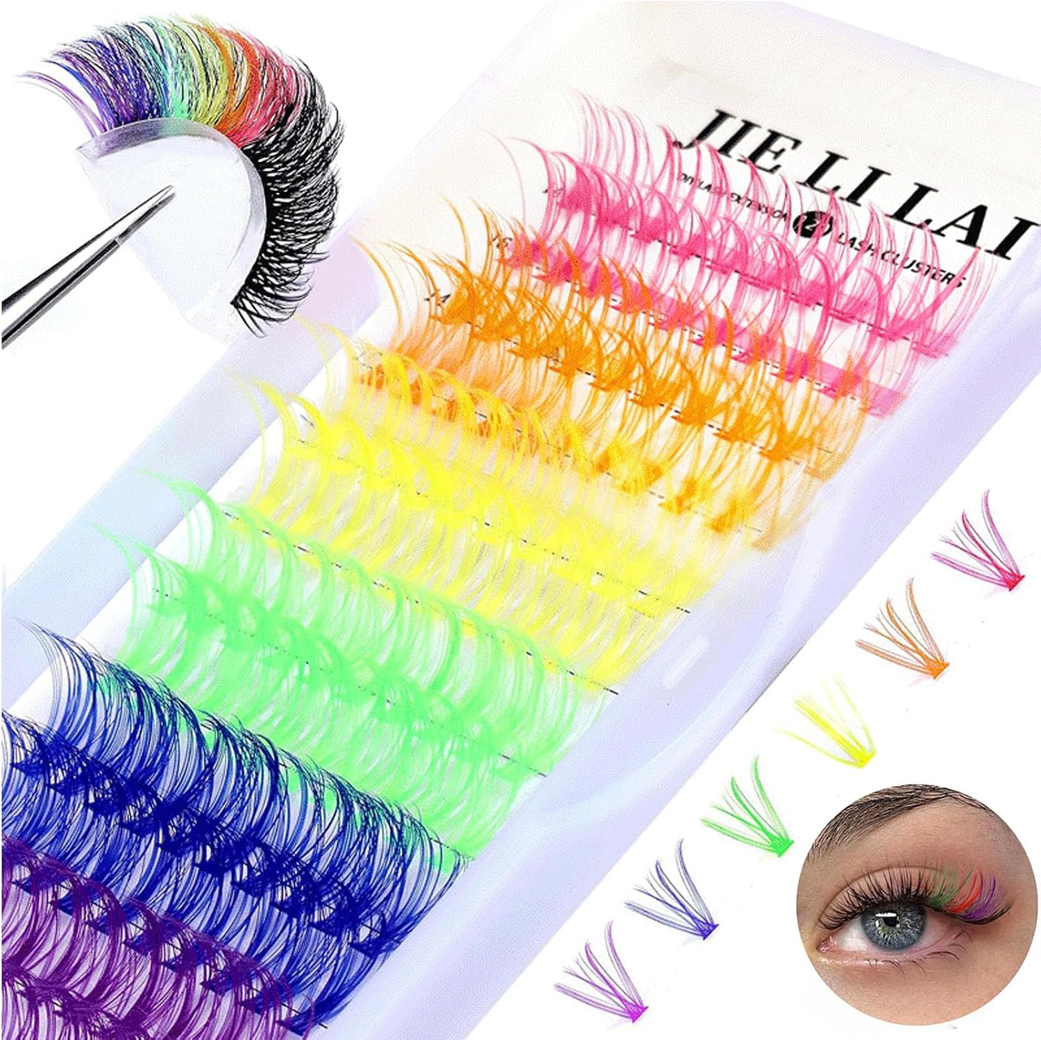 Colored Lash Clusters Individual Lashes 120Pcs D Curl 14mm 16mm Mixed 6 Colors Rainbow DIY Eyelashes for Festivals Concert Dating Full of Volume Colored Lashes Extension Set Pack
