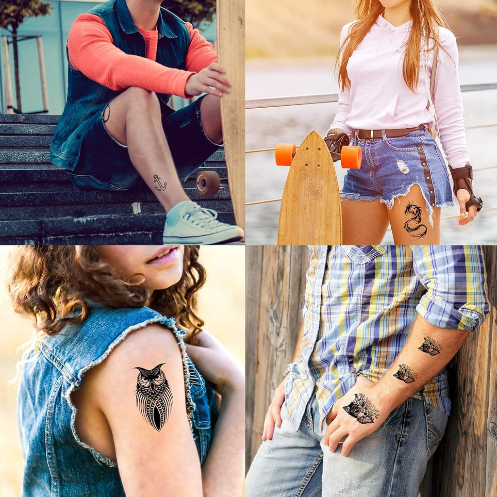 72 Sheets Tiny Temporary Tattoos Stickers, Fake Tattoos That Look Real And Last Long, Halloween Tattoos Include Black Scary Wolf Lion Tiger Skeleton Skull Tattoos Temporary Tattoo