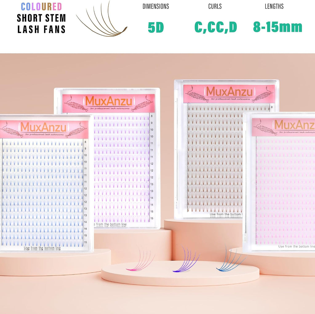 Colored Premade Fans Eyelash Extension Short Stem Volume Lash Extensions 5D Pink Blue Purple Brown 352 Clusters (Pink, 5D 0.10 C 8-15mm MIXED)