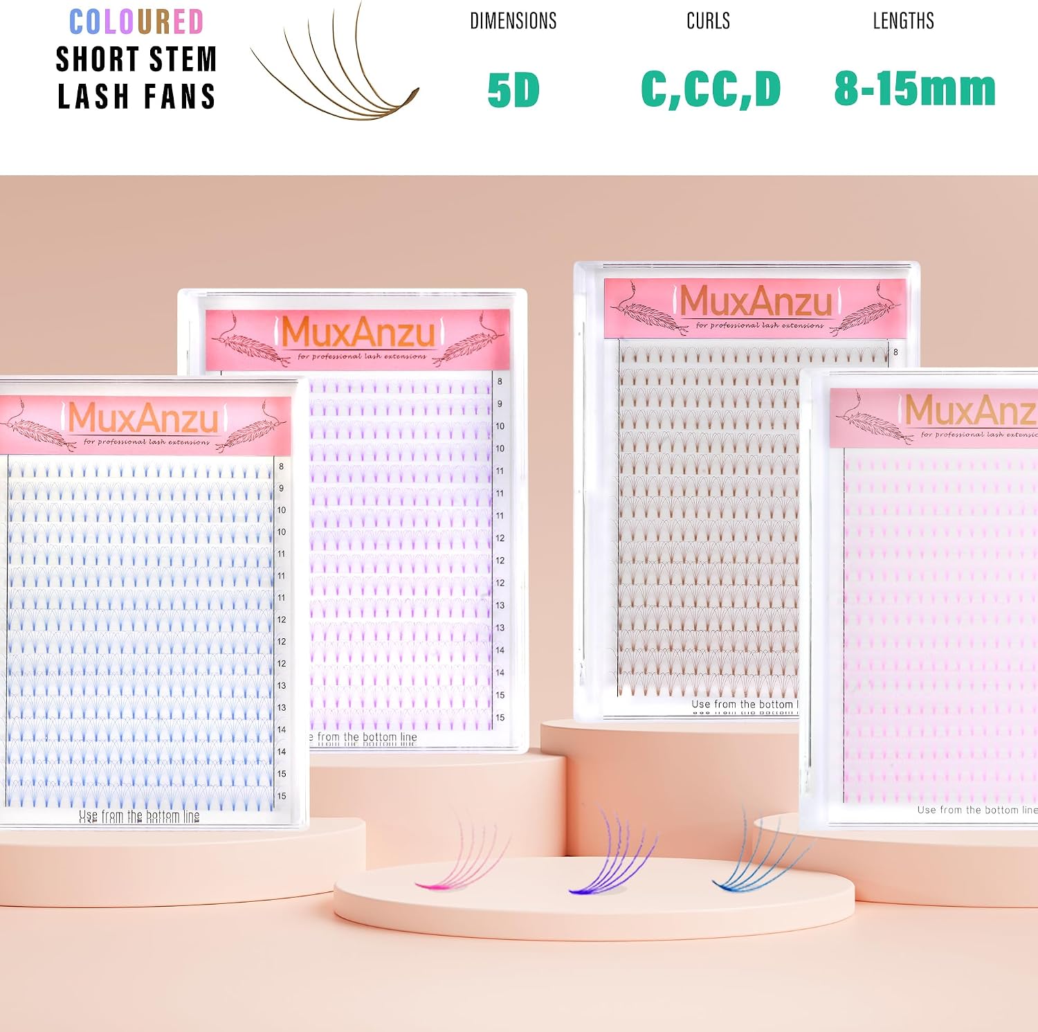 Colored Premade Fans Eyelash Extension Short Stem Volume Lash Extensions 5D Pink Blue Purple Brown 352 Clusters (Pink, 5D 0.10 C 8-15mm MIXED)