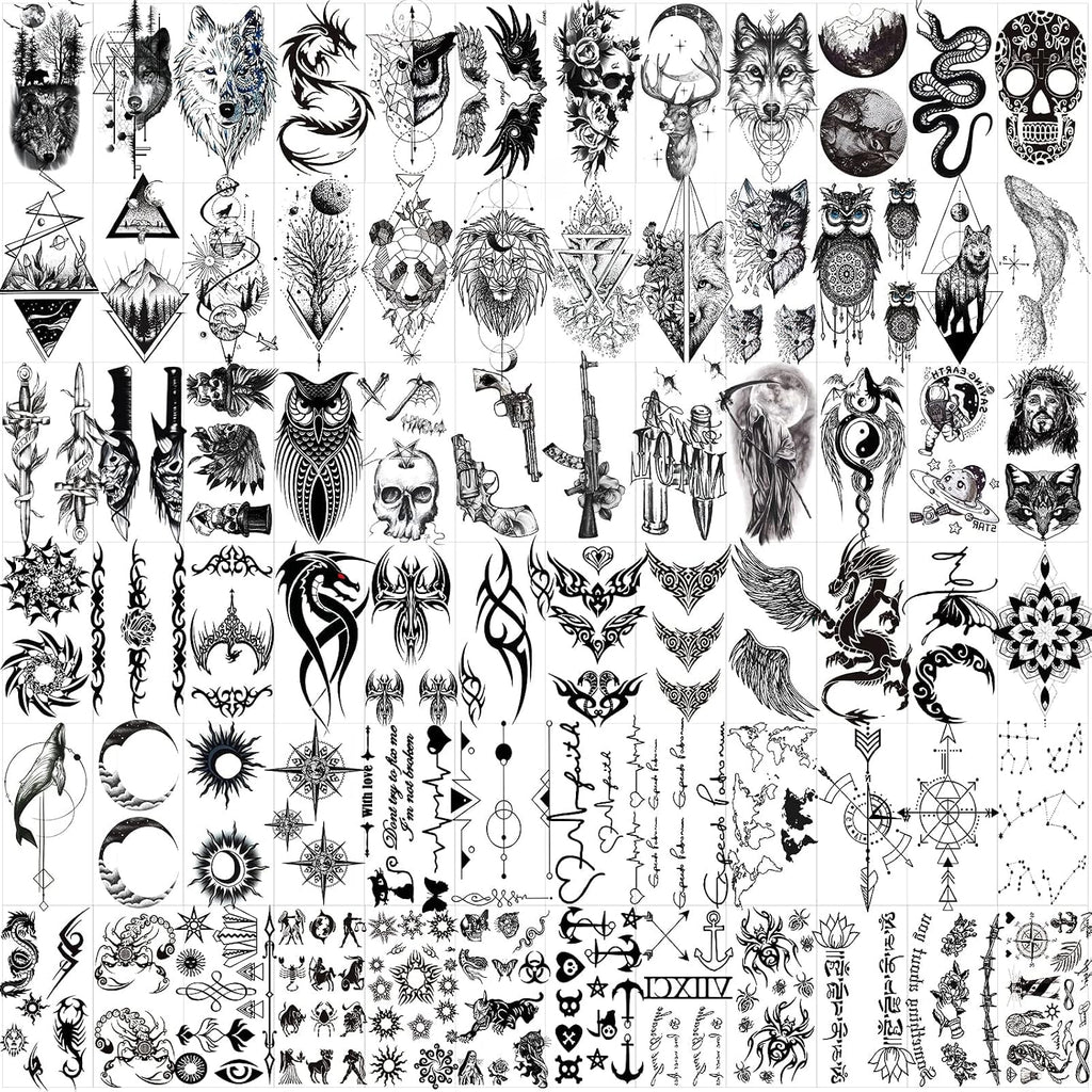 72 Sheets Tiny Temporary Tattoos Stickers, Fake Tattoos That Look Real And Last Long, Halloween Tattoos Include Black Scary Wolf Lion Tiger Skeleton Skull Tattoos Temporary Tattoo