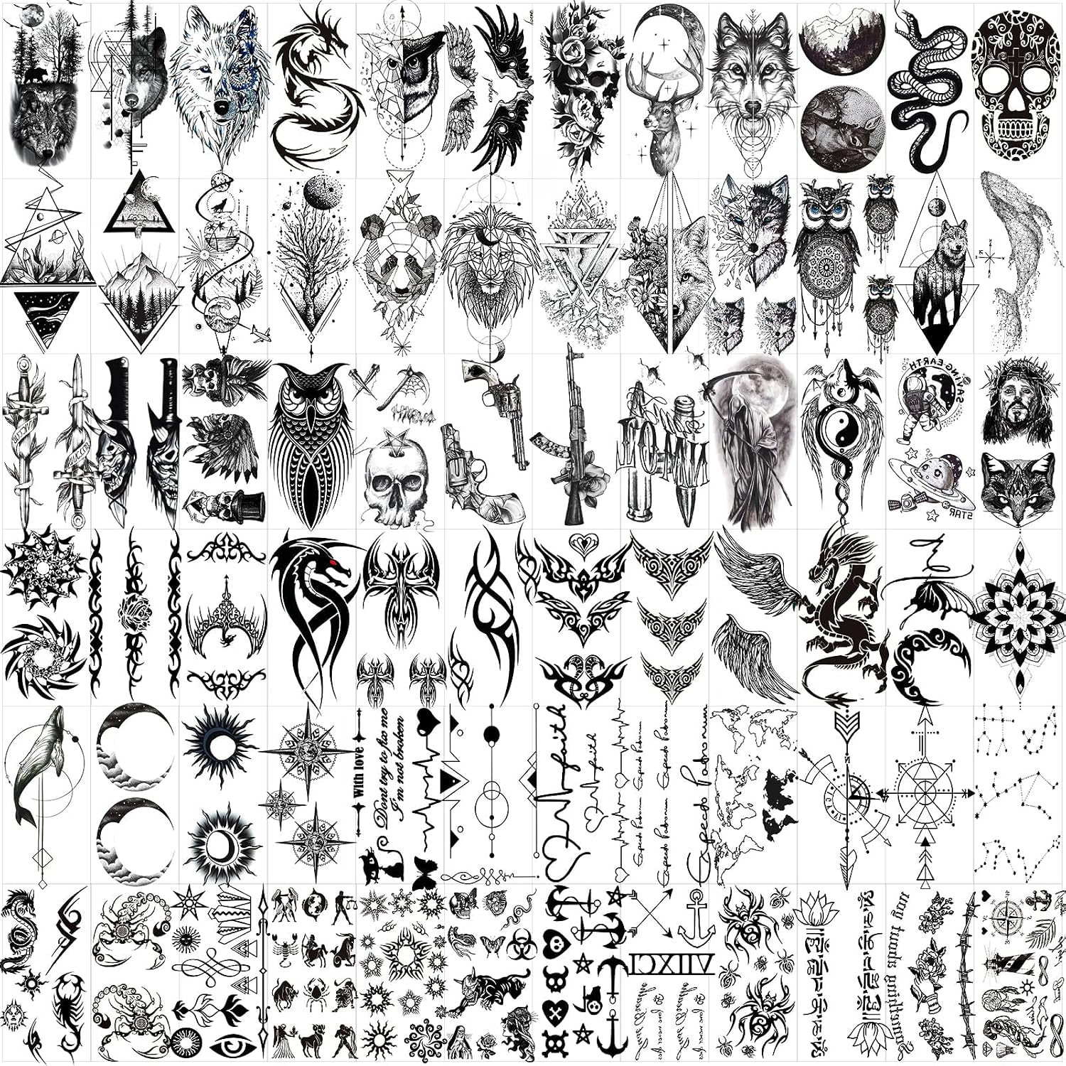 72 Sheets Tiny Temporary Tattoos Stickers, Fake Tattoos That Look Real And Last Long, Halloween Tattoos Include Black Scary Wolf Lion Tiger Skeleton Skull Tattoos Temporary Tattoo